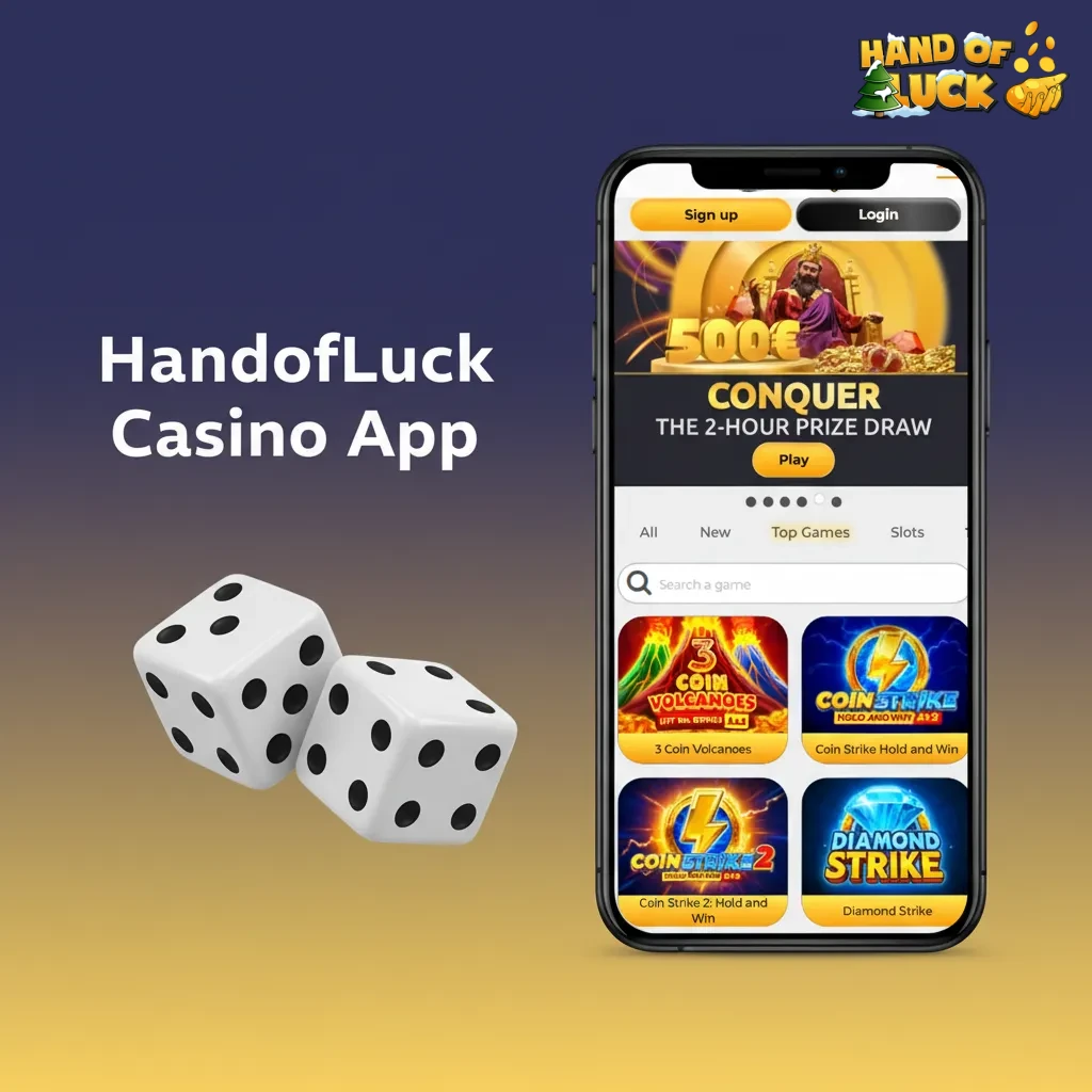 HandofLuck Casino app home screen with casino/sports tabs, featured tables, live events, slots, live dealer, and promos.