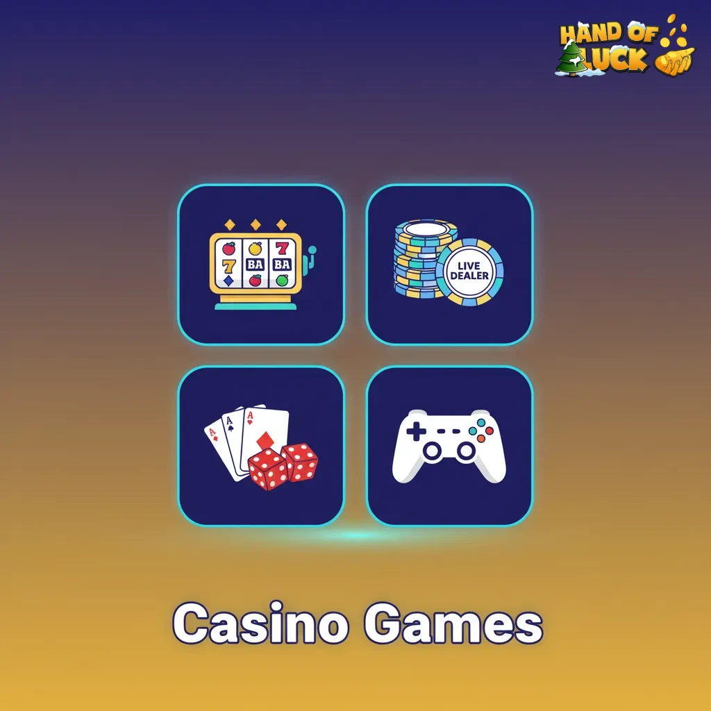 HandofLuck casino games: slots, jackpots, Megaways, blackjack, roulette, baccarat, poker, live dealer, game shows, craps.