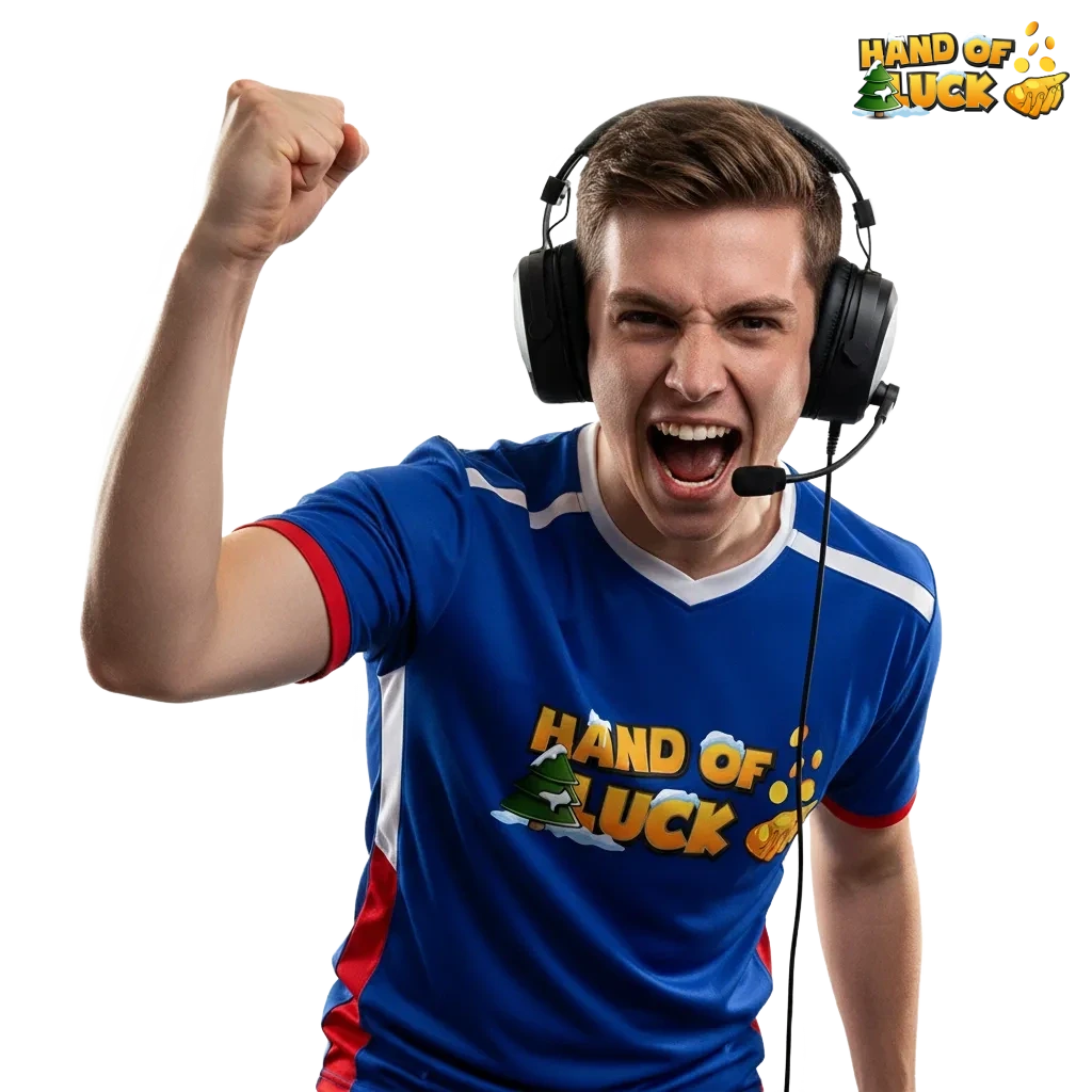 HandofLuck esports betting UK banner with in-play markets, mobile app, and promos: free spins, % bonuses; EUR to GBP.