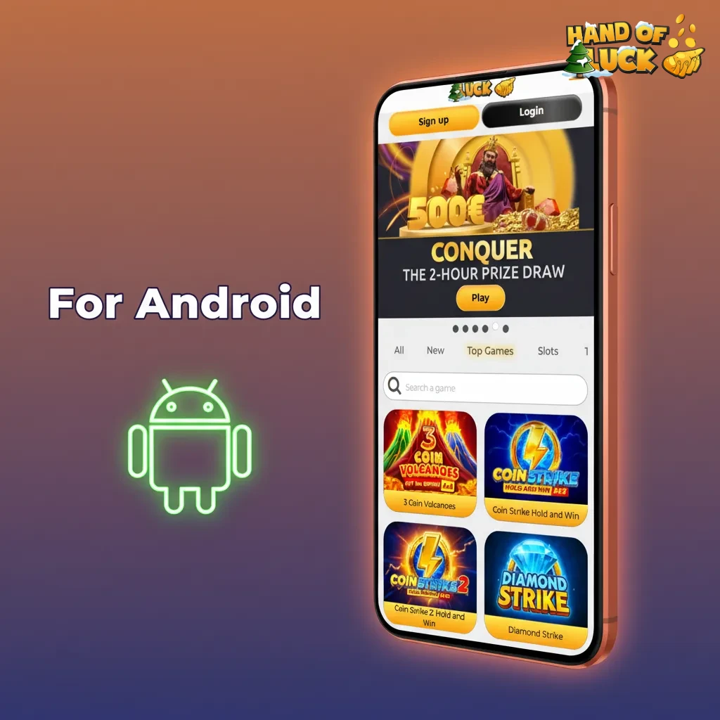 Android app instructions: download HandofLuck APK, allow unknown apps, install, log in, set PIN, start playing.