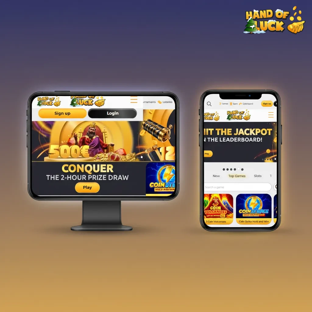 HandofLuck UK interface with top nav: Sports, Live, eSports, Casino, Live Casino, Promotions, Results, Support, wallet