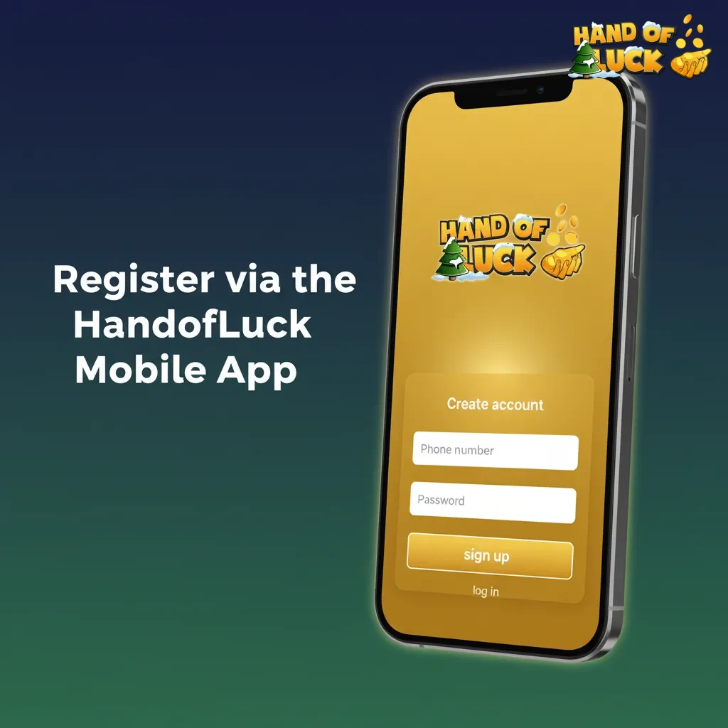 HandofLuck mobile app sign-up screen with registration via phone, email, social login, or one-click.